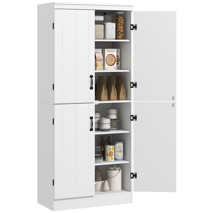 4-Door Tall Kitchen Cupboard, Freestanding 6-Tier Storage Cabinet with 2 Adjustable Shelves for Living Room, Dining Room, White