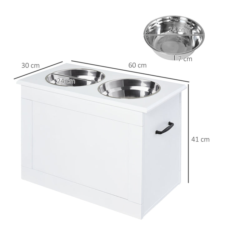 PawHut Raised Pet Feeding Storage Station with 2 Stainless Steel Bowls Base for Large Dogs and Other Large Pets, White