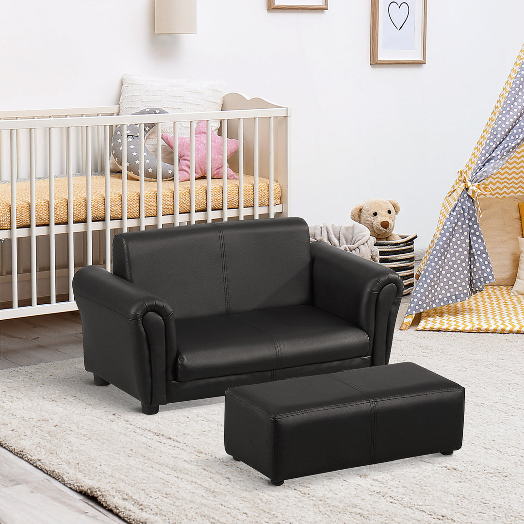 2 Seater Toddler Chair Kids Twin Sofa Childrens Double Seat Chair Furniture Armchair Boys Girls Couch w/ Footstool (Black)