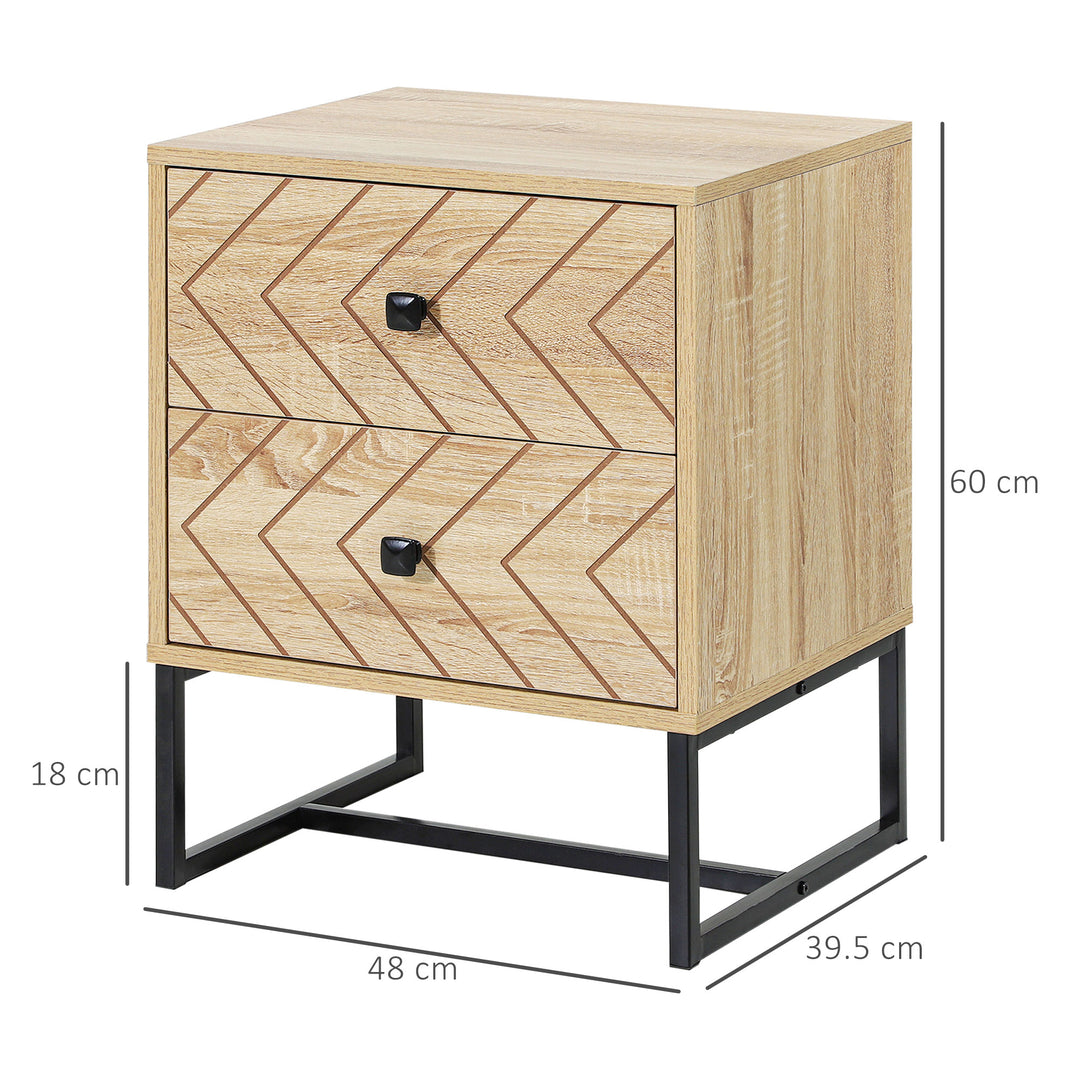 Bedside Table Nightstand Two-Draw Bedroom Storage Unit Unique Zig Zag Design w/ Black Metal Handles Melamine Finish