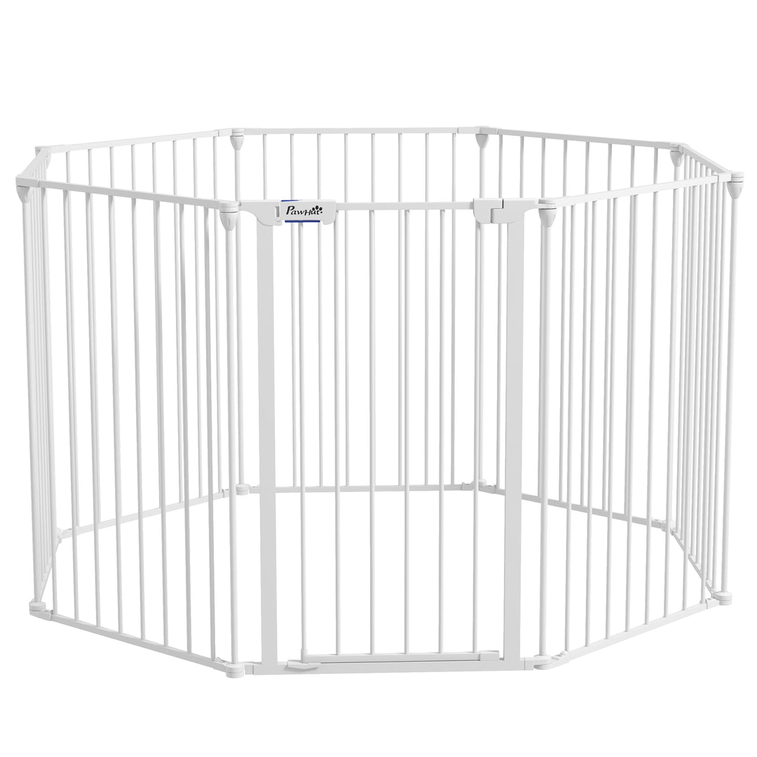 2-In-1 Multifunctional Dog Pen and Safety Pet Gate, 8 Panel Dog Playpen with Double-locking Door, Foldable Dog Barrier for Medium Dogs, 90cm High, White