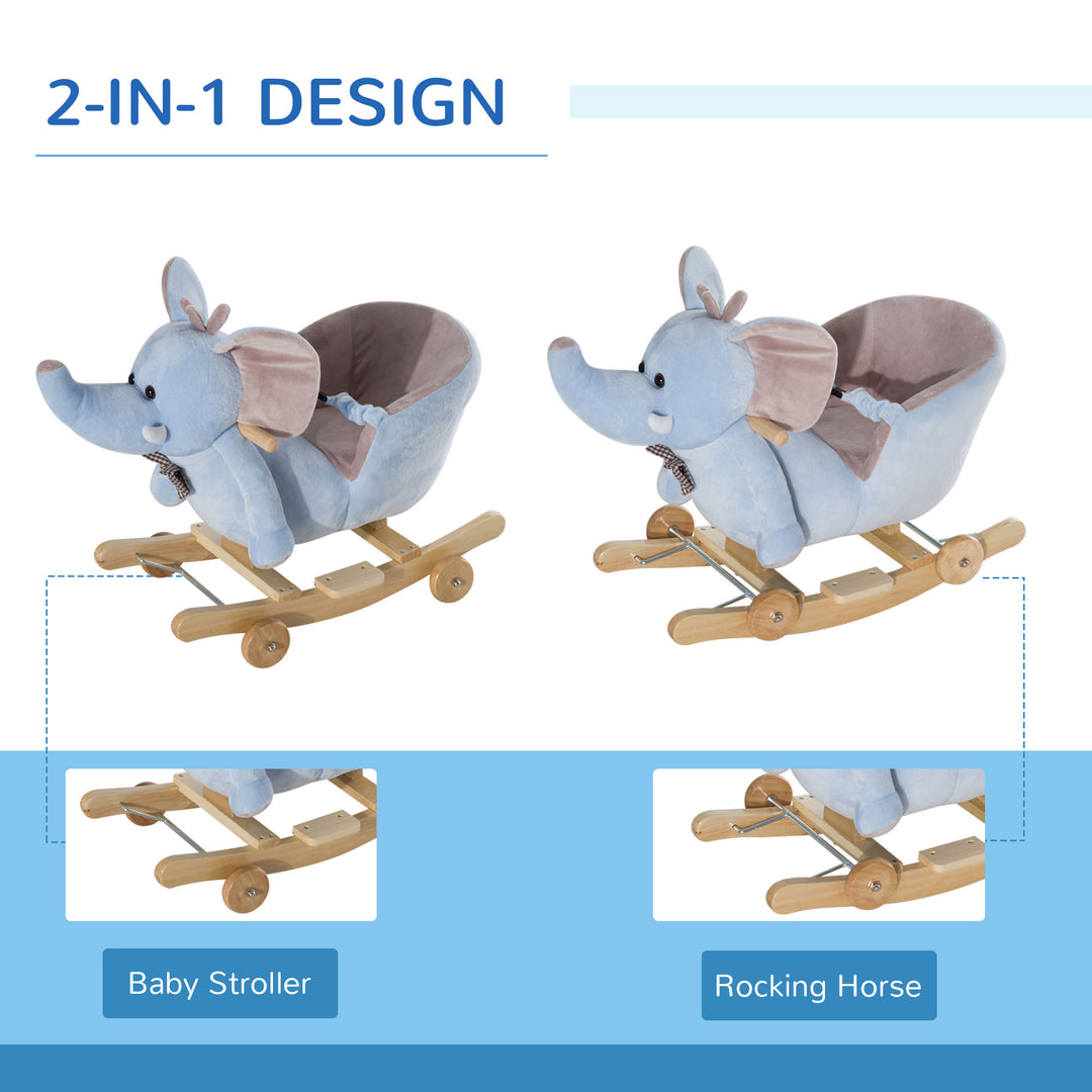 Plush Baby Ride on Rocking Horse Elephant Rocker with Wheels Wooden Toy for Kids 32 Songs (Blue)