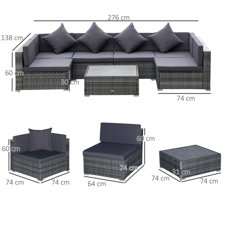 Outsunny 7 Pieces Patio Wicker Sofa Set, Outdoor PE Rattan Sectional Furniture Set w/ Acacia Table Top &amp; Cushion for Garden, Backyard, Grey
