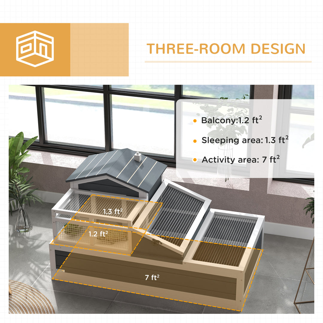 3-Room Tortoise House Habitat w/ Balcony &amp; 2 Stories, Wooden Tortoise Enclosure with Ladder, Tray, Openable Roof