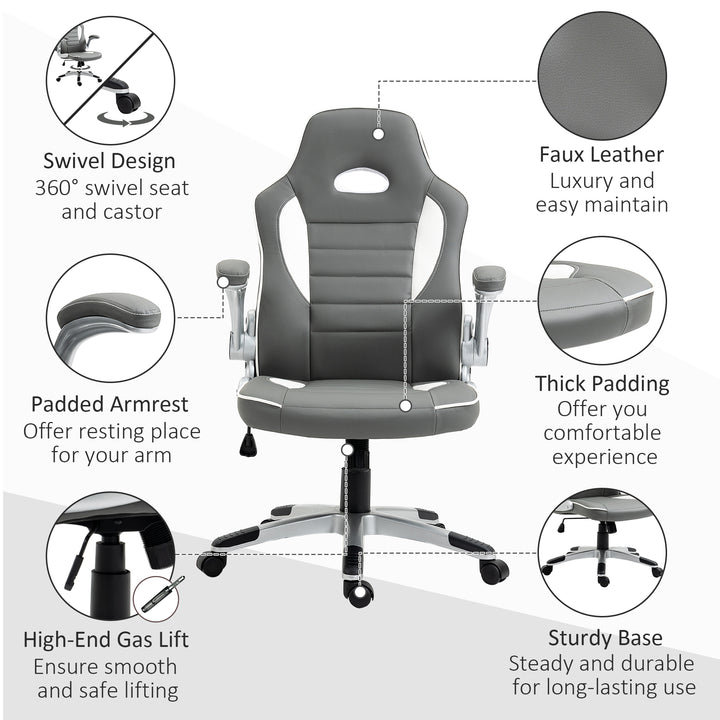 HOMCOM Racing Gaming Chair, PU Leather Computer Desk Chair, Height Adjustable Swivel Chair With Tilt Function and Flip Up Armrests, Grey