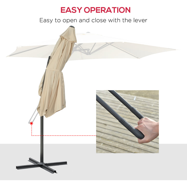 3m Cantilever Parasol with Easy Lever, Patio Umbrella with Crank Handle, Cross Base and 6 Metal Ribs, Outdoor Sun Shades，Garden, Cream White