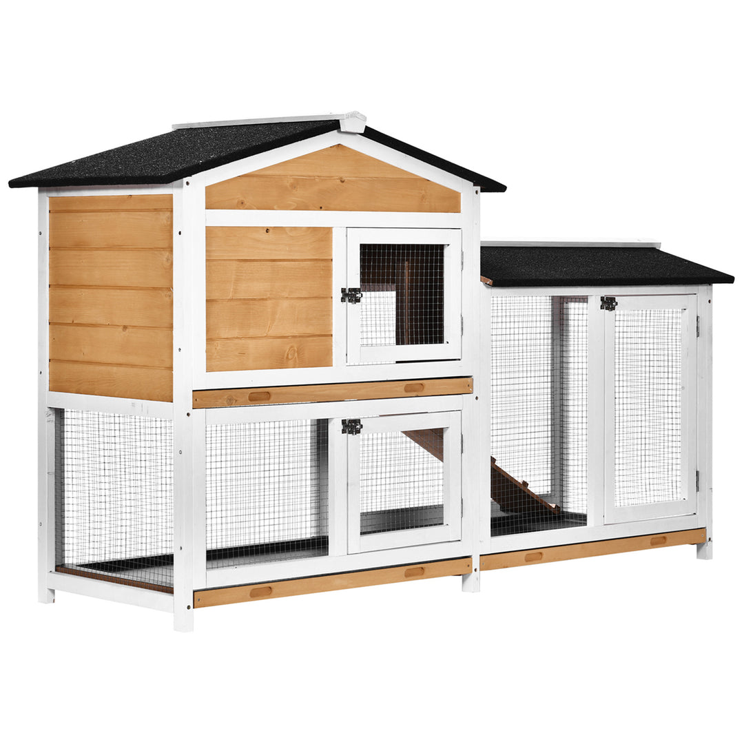 PawHut 2-Tier Rabbit Hutch Wooden Guinea Pig House Pet Cage Outdoor w/ Sliding-out Tray Ramp, 157.4x53x93.5cm, Yellow