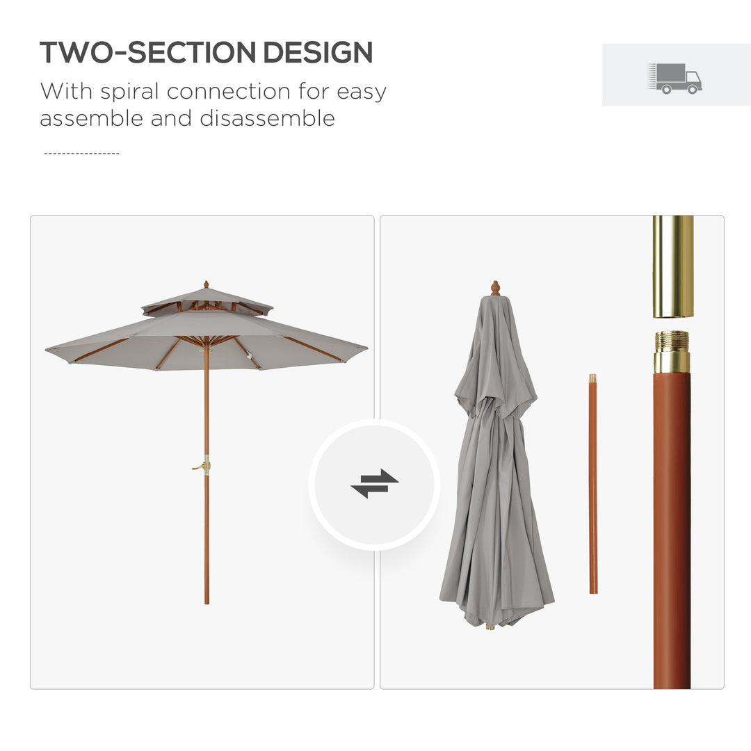 Outsunny 2.7 m Double Tier Outdoor Patio Garden Sun Umbrella Sunshade Wooden Parasol Grey Shade Canopy