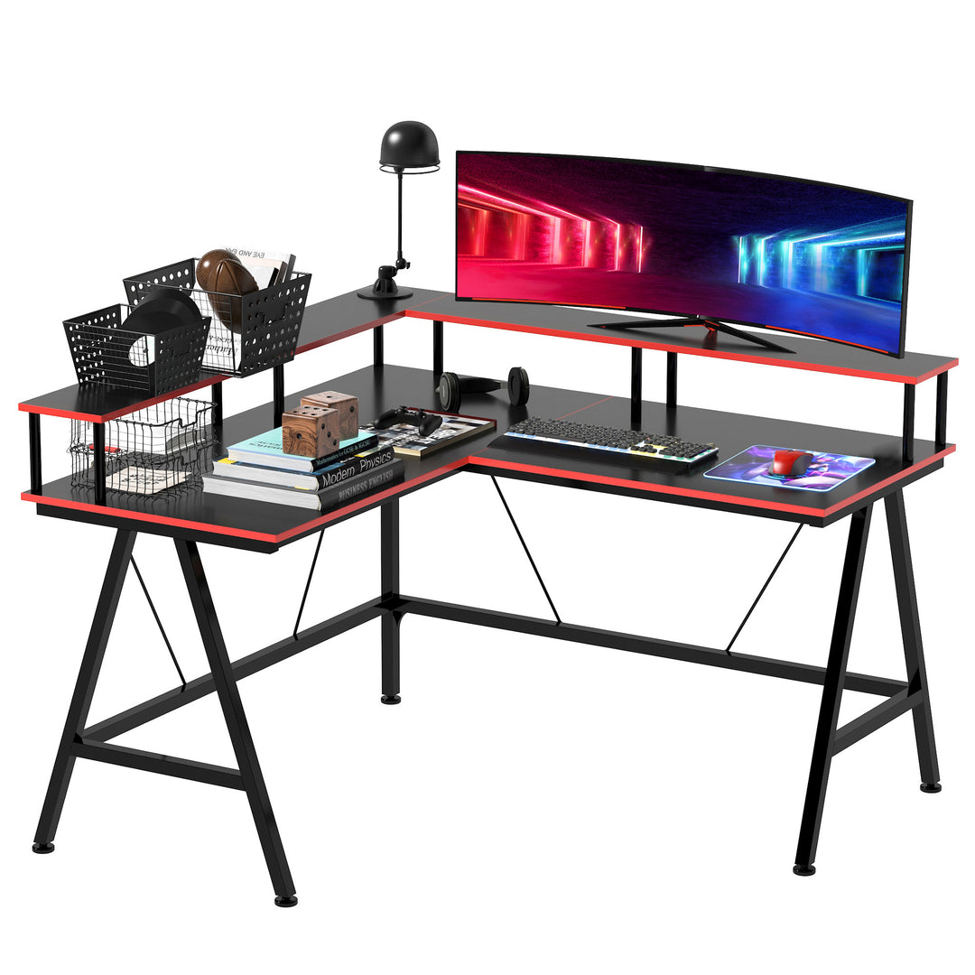 HOMCOM L-Shape Corner Gaming Desk Computer Table with Elevated Monitor Shelf Workstation, Black Red