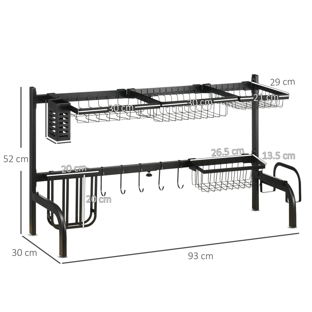 Space Saving 2 Tier Adjustable Dish Drainer Over The Sink Dish Drying Rack, Black