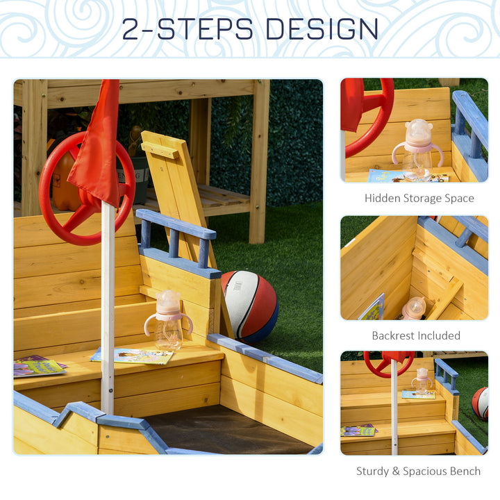 Kids Wooden Sandpit Children Sandbox Pirate Ship Sandboat Outdoor Backyard Playset Play Station w/ Bench Bottom Liner