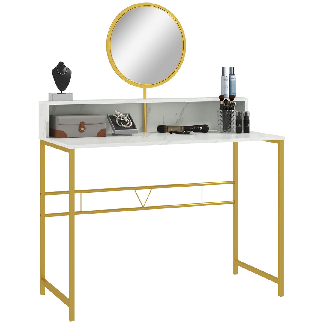 Modern Dressing Table with Round Mirror, Vanity Makeup Desk with Open Storage, Faux Marble Texture and Steel Frame for Bedroom, White