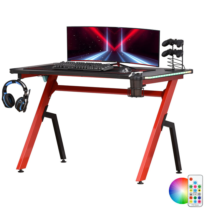 Gaming Desk Racing Style Home Office Ergonomic Computer Table Workstation with RGB LED Lights, Hook, Cup Holder, Controller Rack Black Red