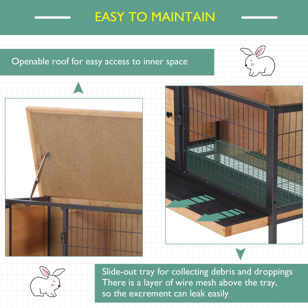 Wooden Guinea Pigs Hutches Elevated Pet House Bunny Cage with Slide-Out Tray Lockable Door Outdoor Openable Roof 91.5 x 45 x 70cm Natural Wood