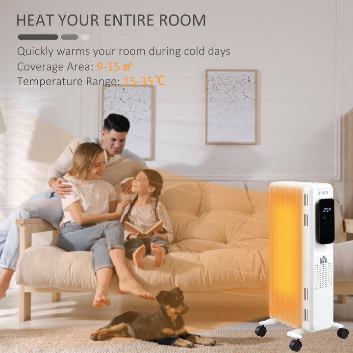 HOMCOM 1630W Oil Filled Radiator, 7 Fin, Portable Electric Heater with LED Display, 24H Timer, 3 Heat Settings, Safety Cut-Off Remote Control-White