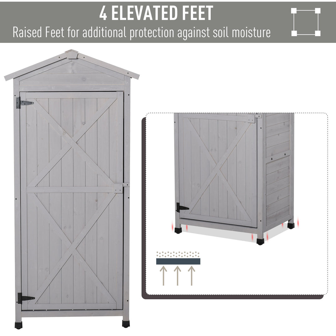 Wooden Garden Cabinet 3-Tier Storage Shed 2 Shelves Lockable Organizer with Hooks Foot Pad 74 x 55 x 155cm Light Grey