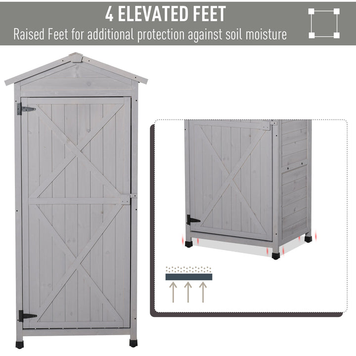 Wooden Garden Cabinet 3-Tier Storage Shed 2 Shelves Lockable Organizer with Hooks Foot Pad 74 x 55 x 155cm Light Grey