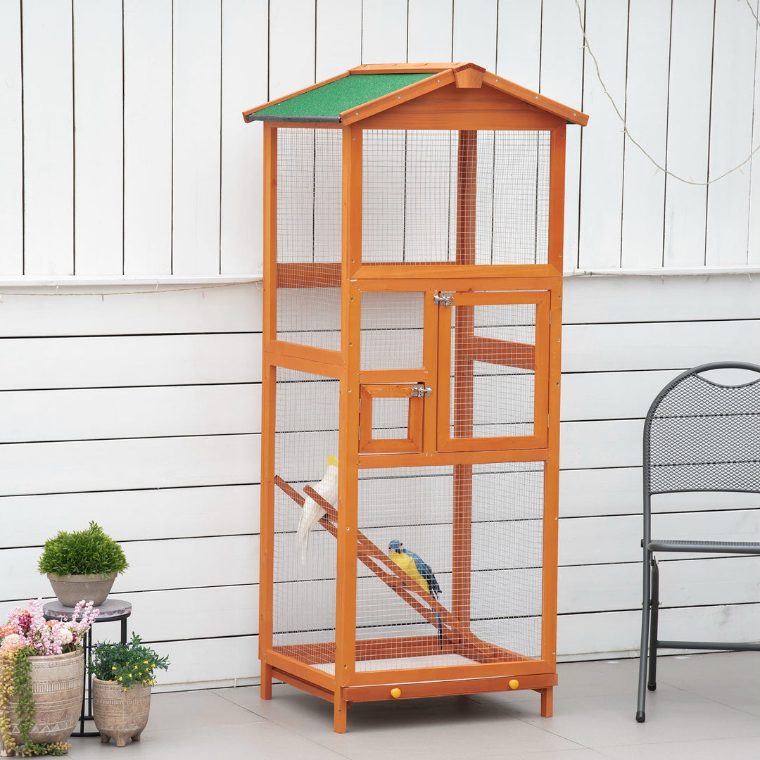 Wooden Bird Aviary Cages Outdoor Finches Birdcage with Pull Out Tray 2 Doors, Orange