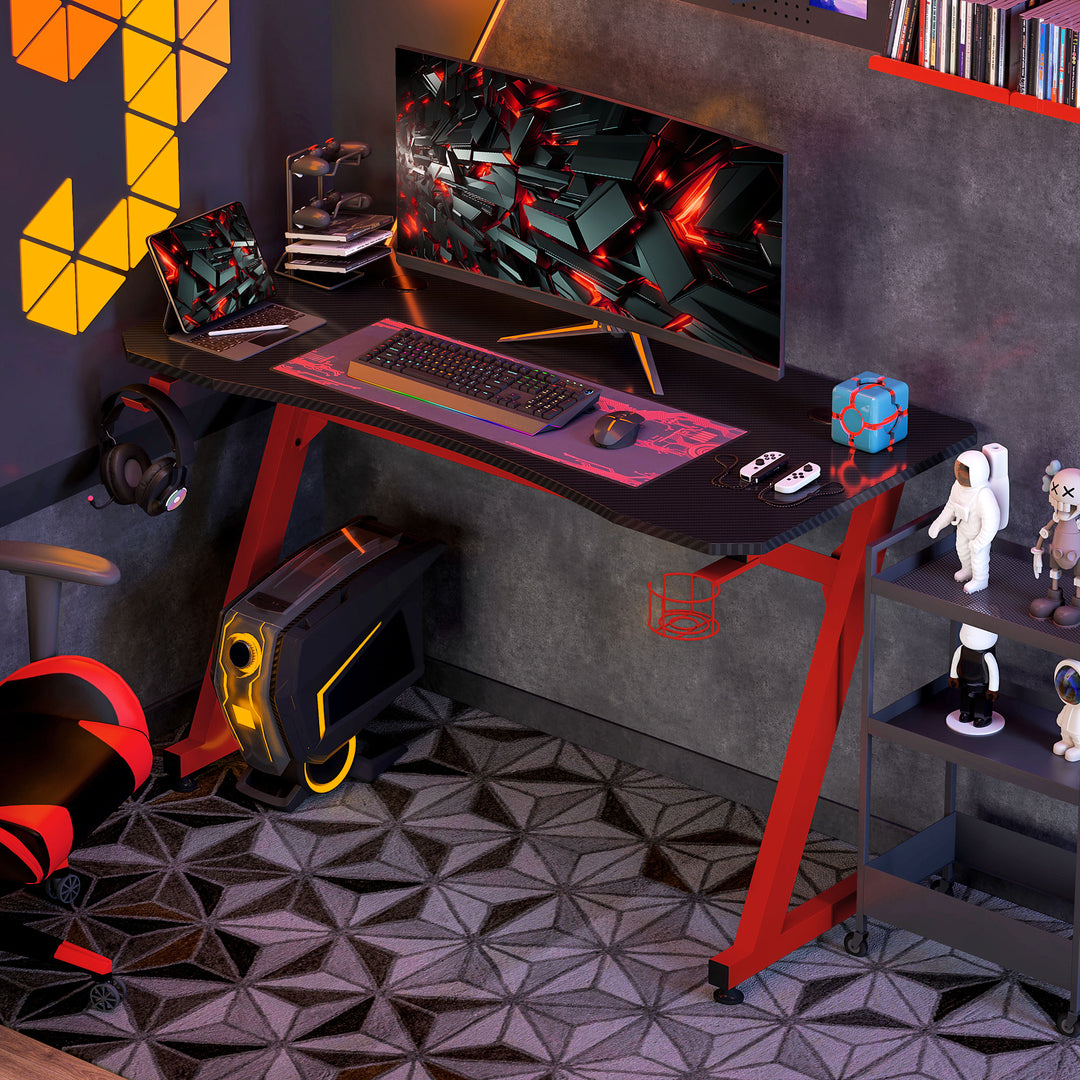 Gaming Desk Steel Frame w/ Cup Headphone Holder Adjustable Feet Cable Organiser Home Office Computer Table Red