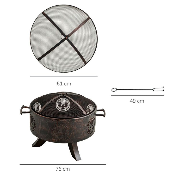 Outsunny Outdoor Fire Pit Patio Heater Charcoal Log Wood Burner with Screen Cover, Fire Bowl with Poker for Backyard, Bronze Tone