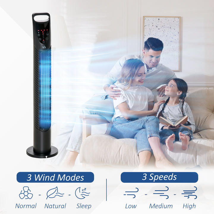 Tower Fan Oscillating 3 Speeds 3 Winds 40W w/ Remote Control Timer Moving Head Quiet Operation Home Office Bedroom Black - 78.5H cm