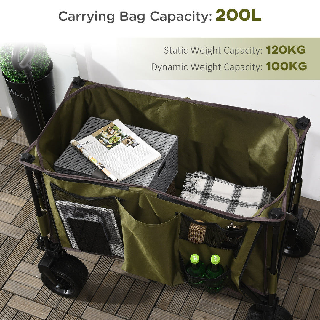 Outsunny Folding Garden Trolley on Wheels, Collapsible Camping Trolley, Outdoor Utility Wagon with Steel Frame and Oxford Fabric, Green