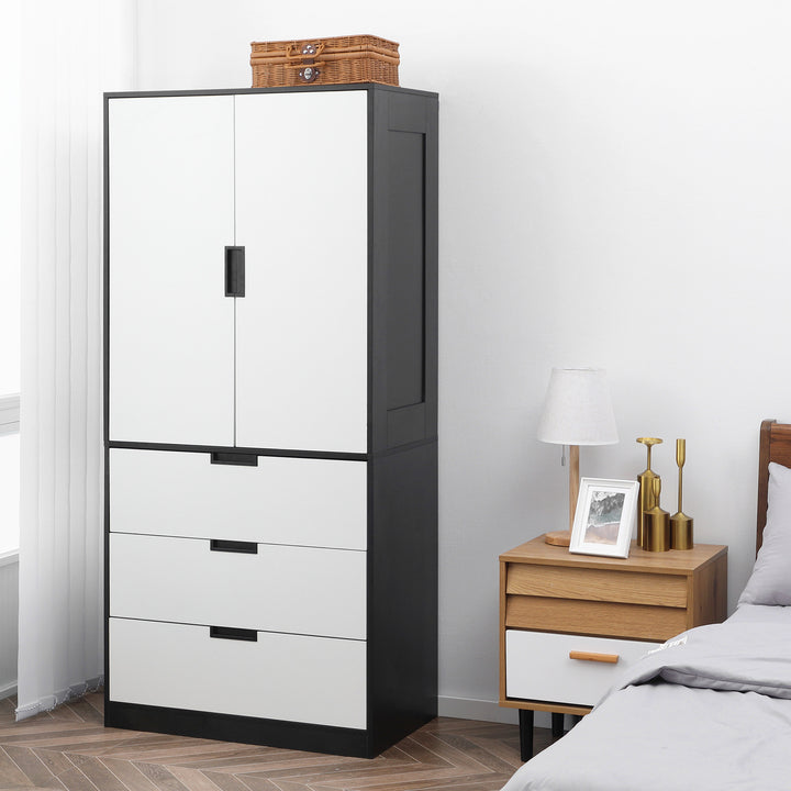 HOMCOM 2 Door Wardrobe, Modern Wardrobe with 3 Drawers and Hanging Rod for Bedroom, White