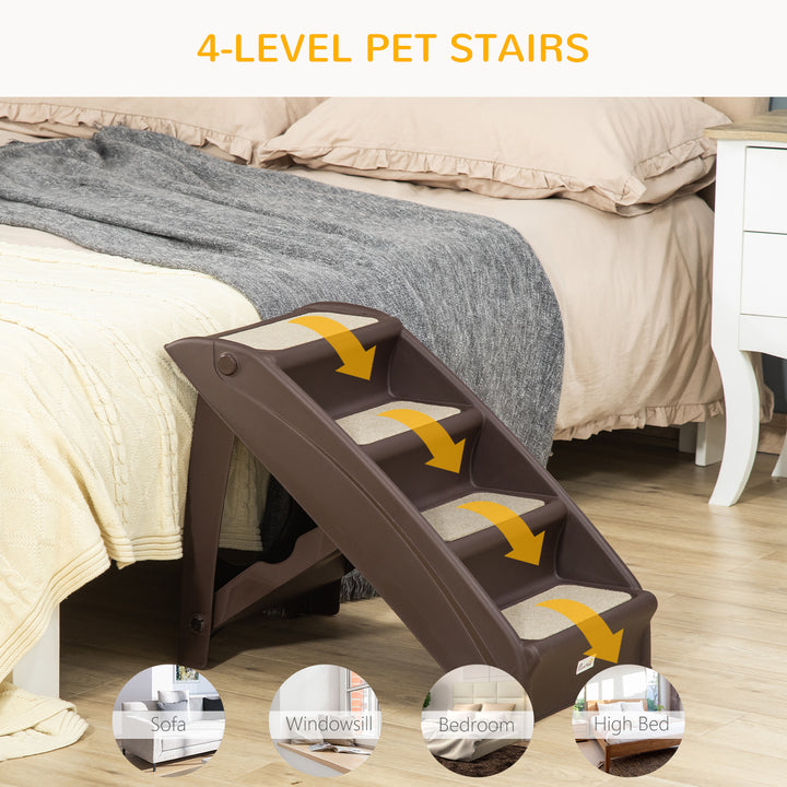 PawHut Foldable Pet Stairs, 4-Step for Cats Small Dogs with Non-slip Mats, 62 x 38 x 49.5 cm, Dark Brown