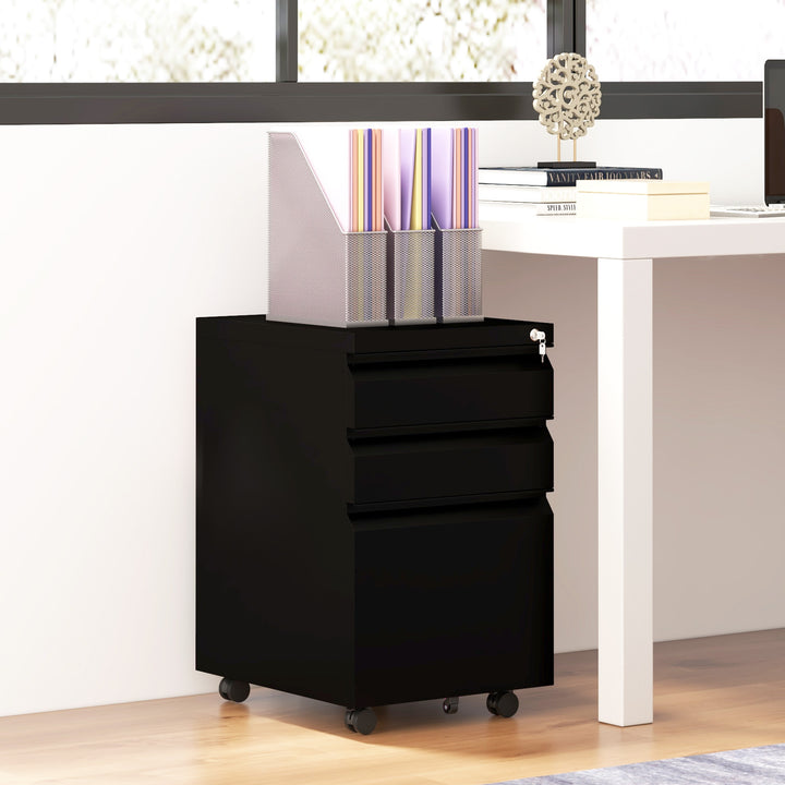 Filing Cabinet on Wheels w/ Pencil Tray- Black