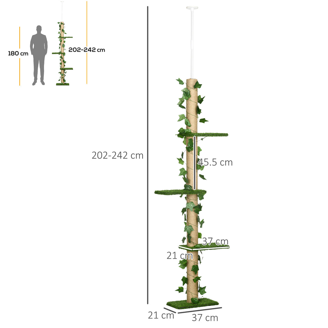 PawHut 242cm Floor to Ceiling Cat Tree, Height Adjustable Kitten Tower with Anti-slip Kit, Highly Simulated Multi-Layer Activity Center Green