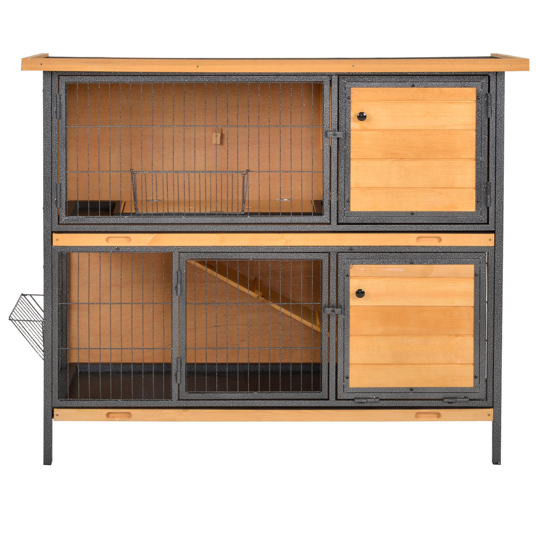 2-Floor Wooden Guinea Pigs Hutches Bunny Cage Metal Frame Pet House with Slide-Out Tray Feeding Trough Ramp Lockable Door Openable Roof