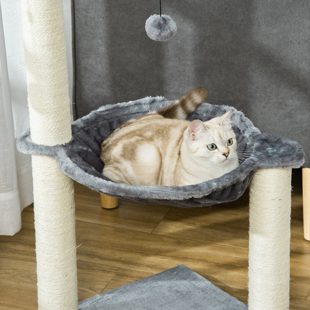 PawHut 83cm Cat Tree Tower with Sisal Scratching Post Hammock Interactive Ball Toy Kitten Play House Activity Center Furniture Grey