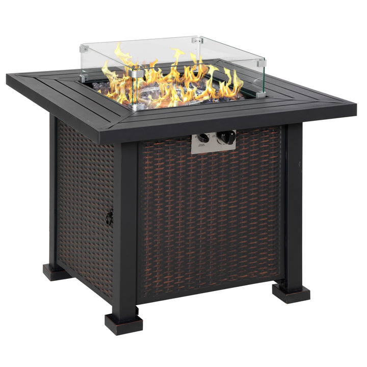 Outsunny Square Propane Gas Fire Pit Table, 50000 BTU Rattan Smokeless Firepit Patio Heater w/ Glass Screen, Beads and Lid, 82cm x 82cm x 66cm, Black