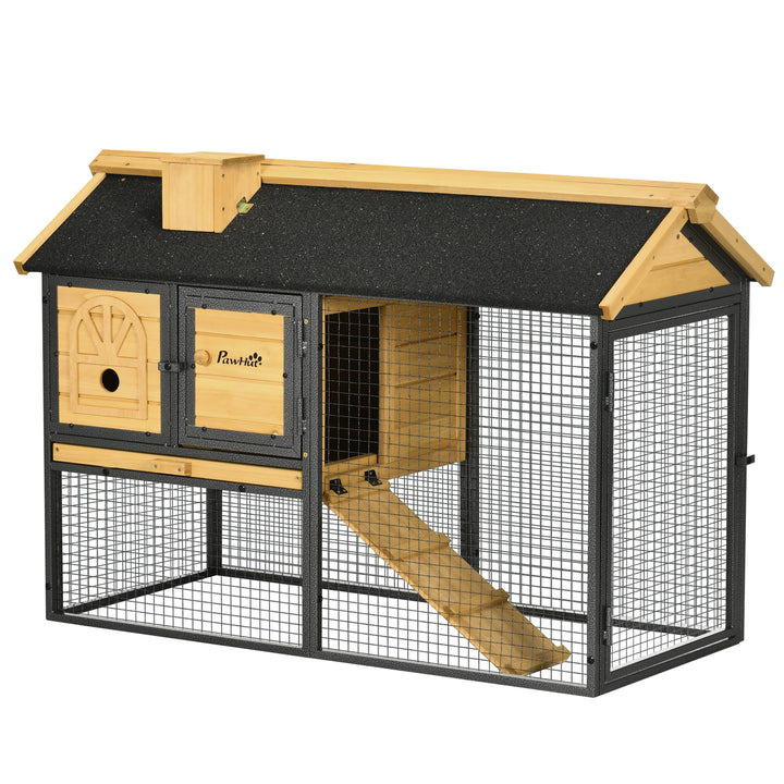 PawHut Rabbit Hutch Outdoor Bunny Cage with Run, Removable Tray, Ramp, Small Animal House, 120 x 55.5 x 80 cm