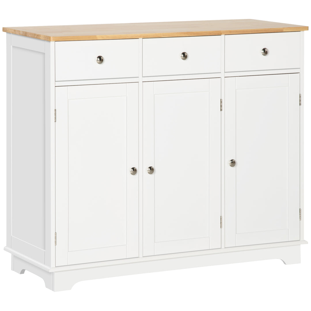 Modern Sideboard with Rubberwood Top, Buffet Cabinet with Storage Cabinets, Drawers and Adjustable Shelves for Living Room, Kitchen, White