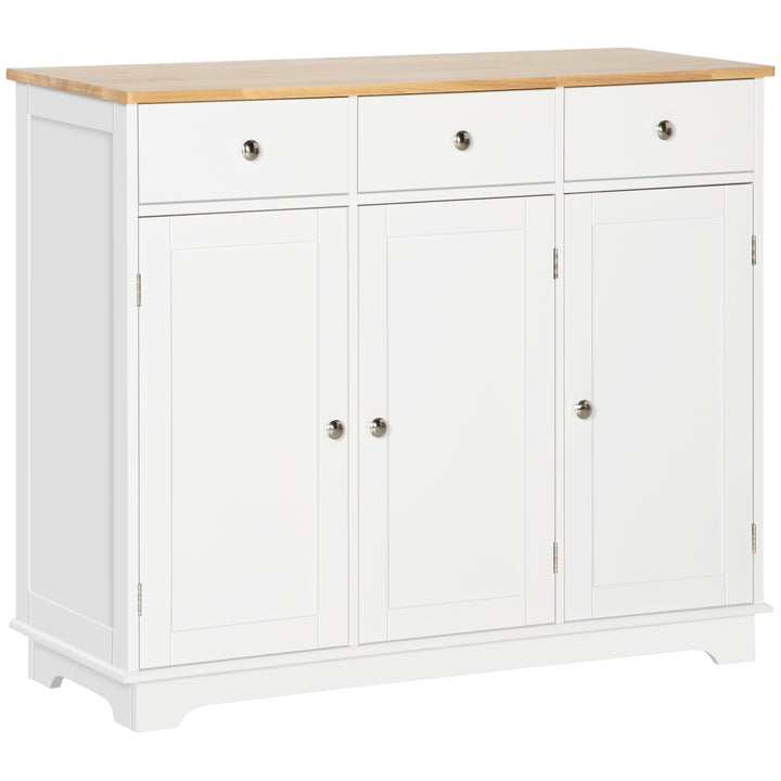 Modern Sideboard with Rubberwood Top, Buffet Cabinet with Storage Cabinets, Drawers and Adjustable Shelves for Living Room, Kitchen, White