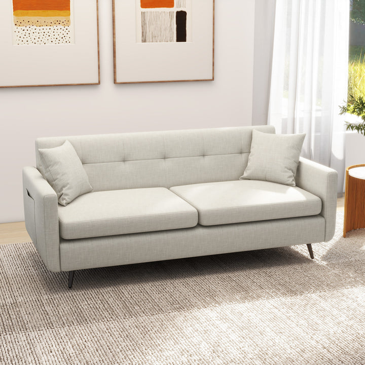 2 Seater Sofa Tufted Loveseat Settee with Steel Legs and 2 Storage Pockets - Beige