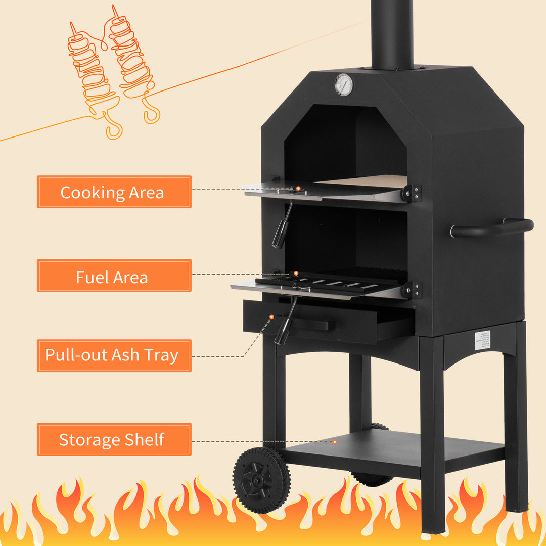 Outdoor Garden Pizza Oven Charcoal BBQ Grill 3-Tier Freestanding w/Chimney, Mesh Shelf, Thermometer Handles, Wheels Garden Party Gathering