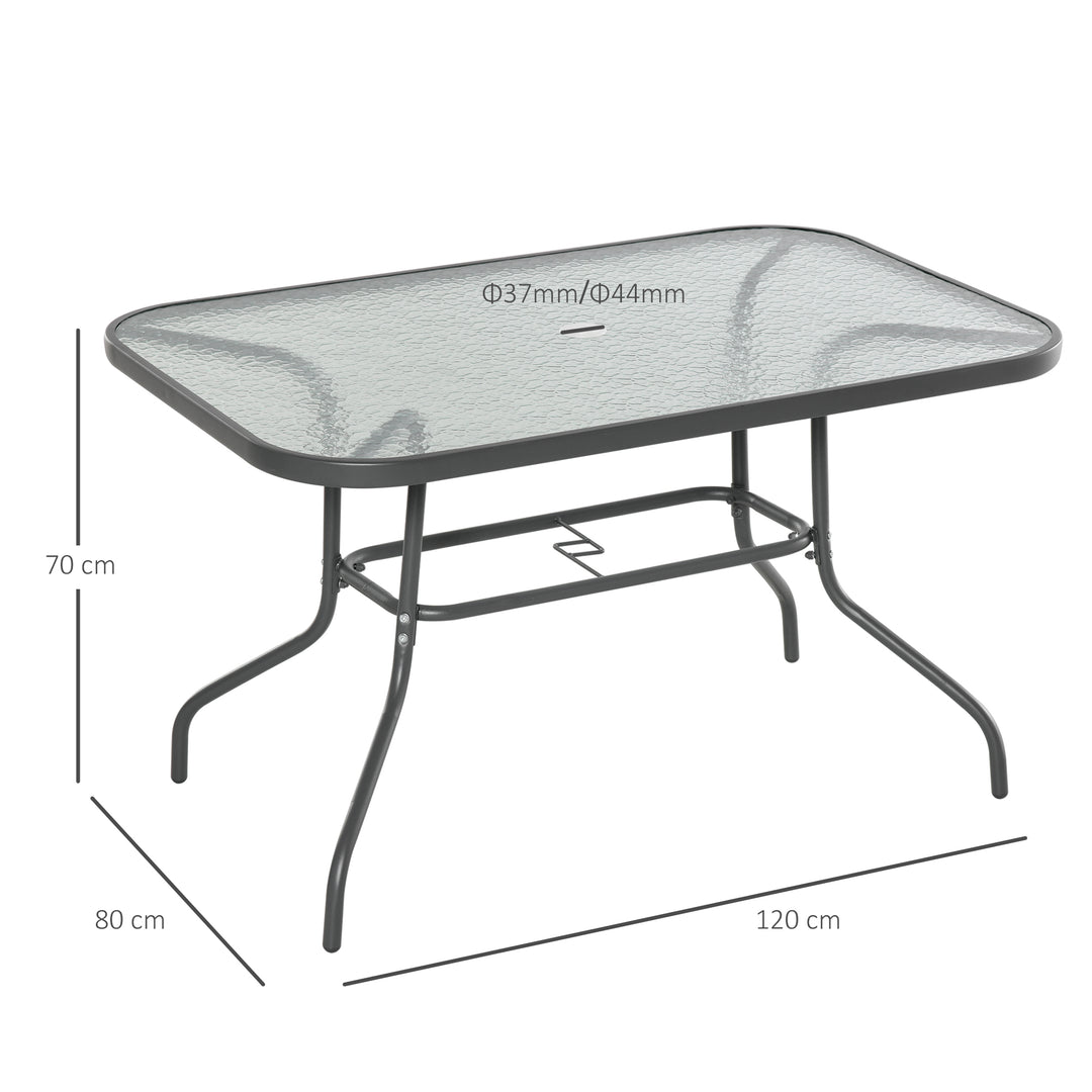 Glass Top Garden Table Curved Metal Frame w/ Parasol Hole 4 Legs Outdoor  Balcony Sturdy Friends Family Dining Table  -Grey