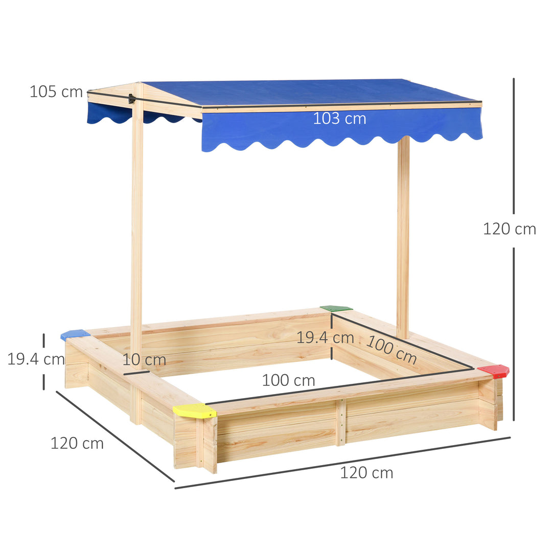 Kids Wooden Sandpit Children Cabana Square Sandbox Outdoor Backyard Playset Play Station Adjustable Canopy Bench Seat 120x120x120cm