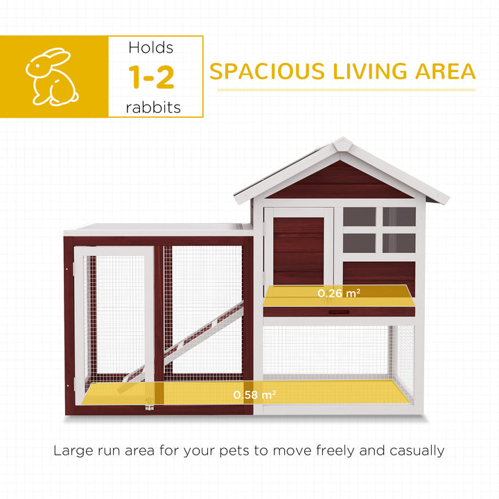 PawHut 122 Wooden Rabbit Hutch Bunny Cage with Waterproof Asphalt Roof, Fun Outdoor Run, Removable Tray and Ramp, Brown