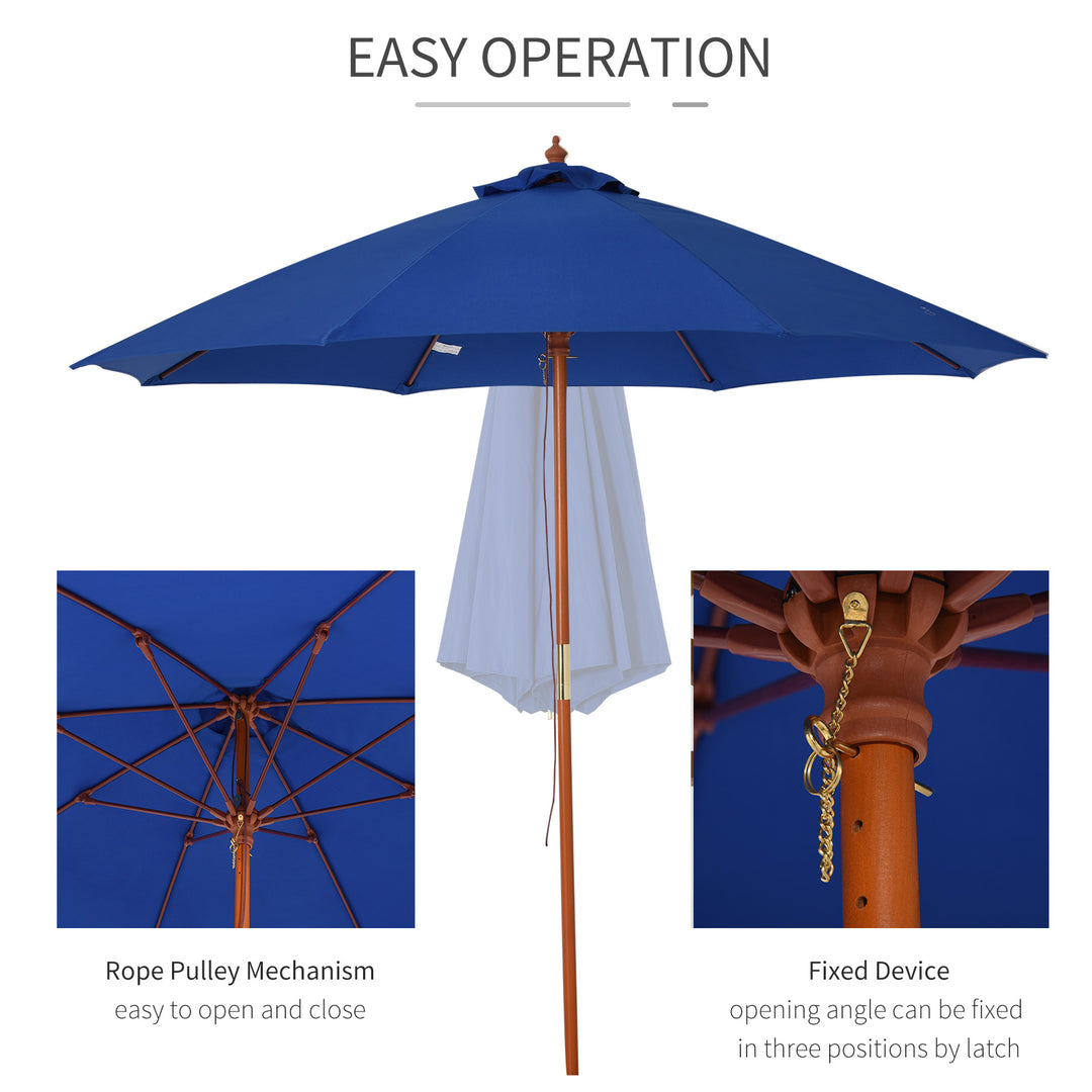 Outsunny 2.5m Wood Garden Parasol Sun Shade Patio Outdoor Market Umbrella Canopy with Top Vent, Blue