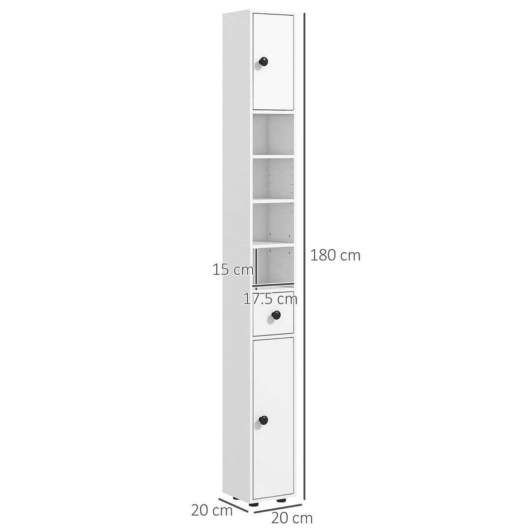 180cm Tall Slim Bathroom Cabinet, Narrow Toilet Roll Storage w/ Open Shelves, 2 Door Cabinets, Adjustable Shelves, for Kitchen, White