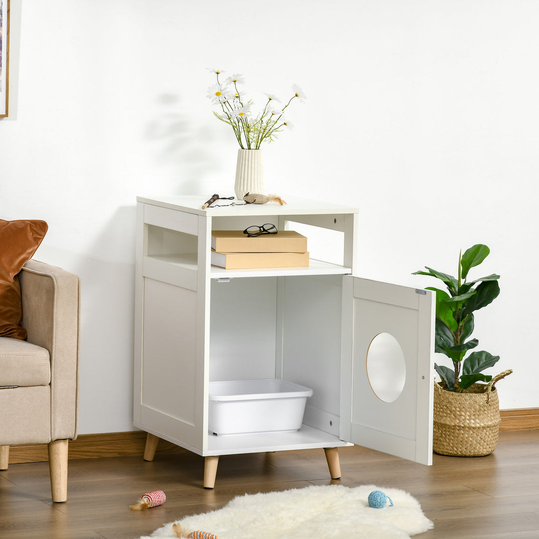 PawHut Cat Litter Box Enclosure Washroom Cave House Decorative End Table Wooden Cabinet Indoor with Magnetic Door Multiple Storage Space White