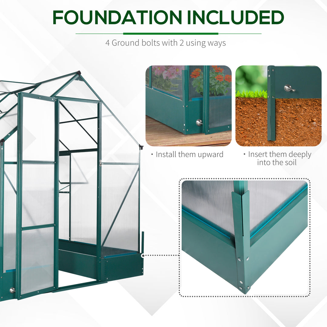 Outsunny Garden Walk-in Aluminium Greenhouse Polycarbonate with Plant Bed ,Temperature Controlled Window, Foundation, 6 x 8ft