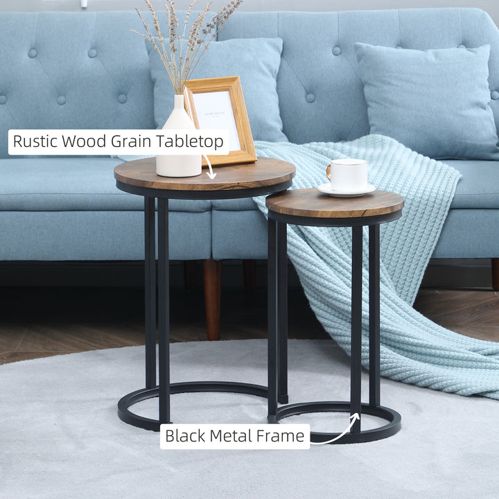 Round Nesting Tables Set of 2 Industrial Stackable Side Tables with Rustic Wood Grain Metal Frame for Living Room Brown