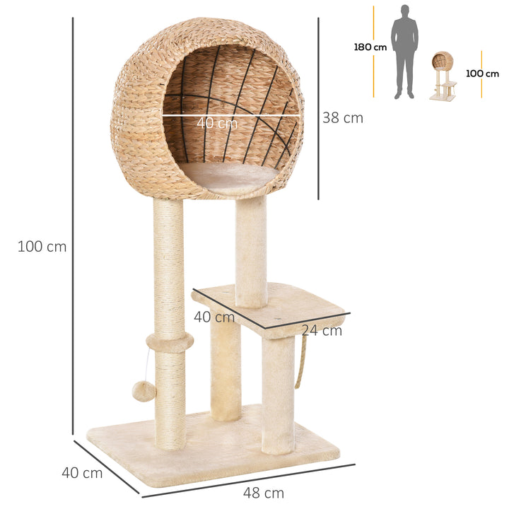 PawHut Cat tree Cat Tower 100cm Climbing Activity Center with Sisal Scratching Post Condo Perch Hanging Balls Teasing Rope Toy Cushion