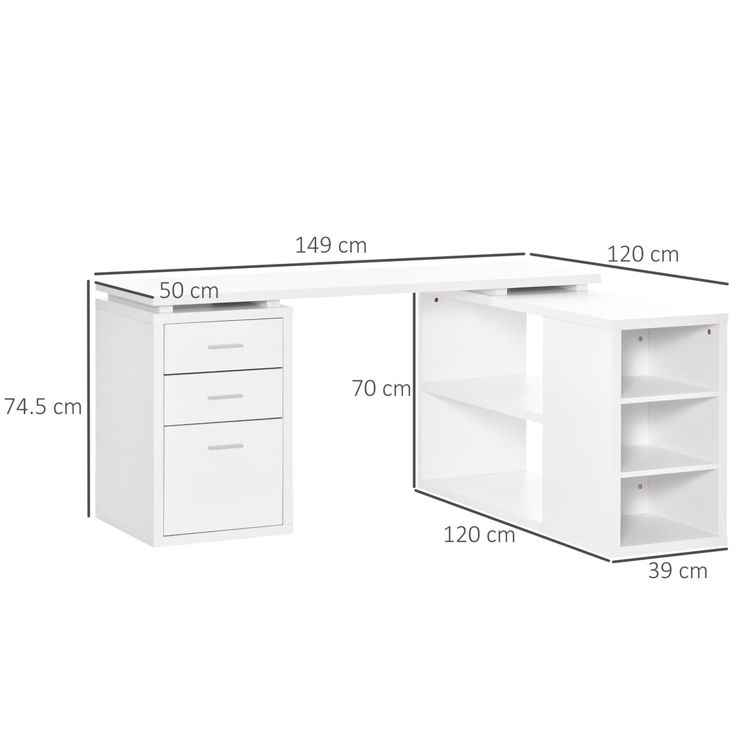 L-Shaped Computer Desk Home Office Corner Desk Study Workstation Table with Storage Shelves and Drawers, White