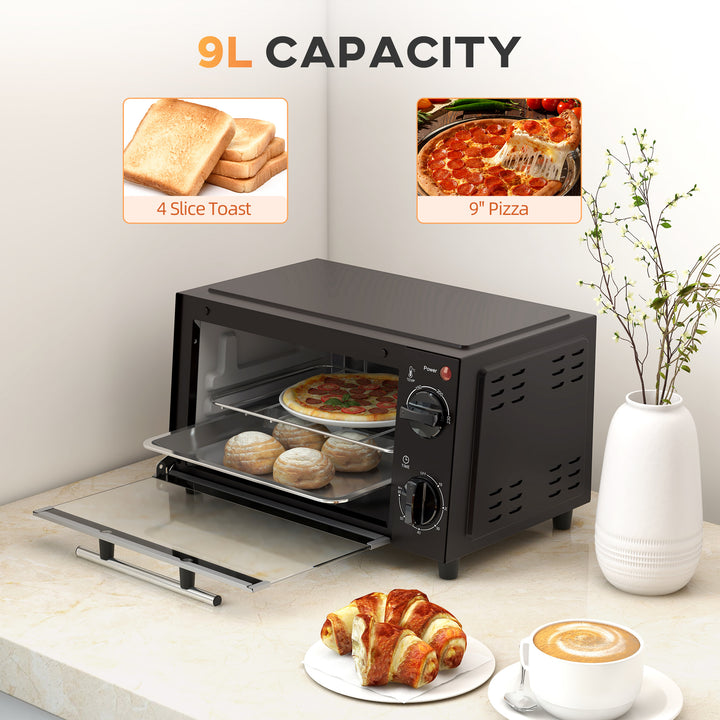 Convection Mini Oven, 9L Countertop Electric Grill, Toaster Oven with Adjustable Temperature, Timer, Baking Tray and Wire Rack, 750W