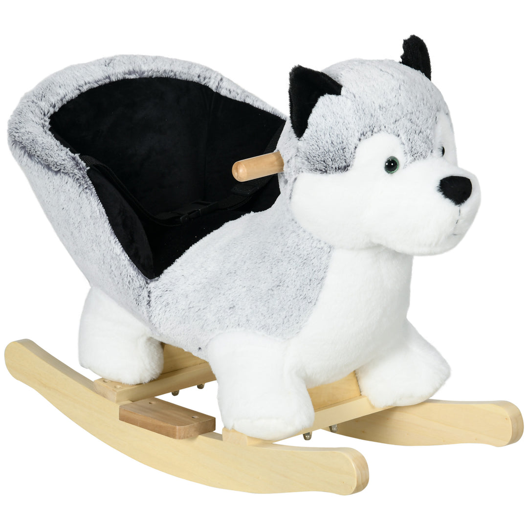 Baby Rocking Horse, Husky-shaped Plush Wooden Child Rocking Animal w/ Seat Belt, Ride on Toy for Kids 18-36 Months, Grey